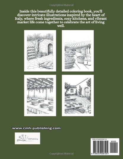 Back cover of 'Italian Abundance Coloring Book: 50 Relaxing Adult Coloring Pages' — adult coloring book by CMH Publishing
