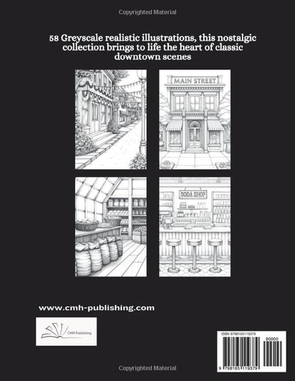 Back cover of a book with black and white illustrations of a small town, featuring text and a CMH Publishing logo.