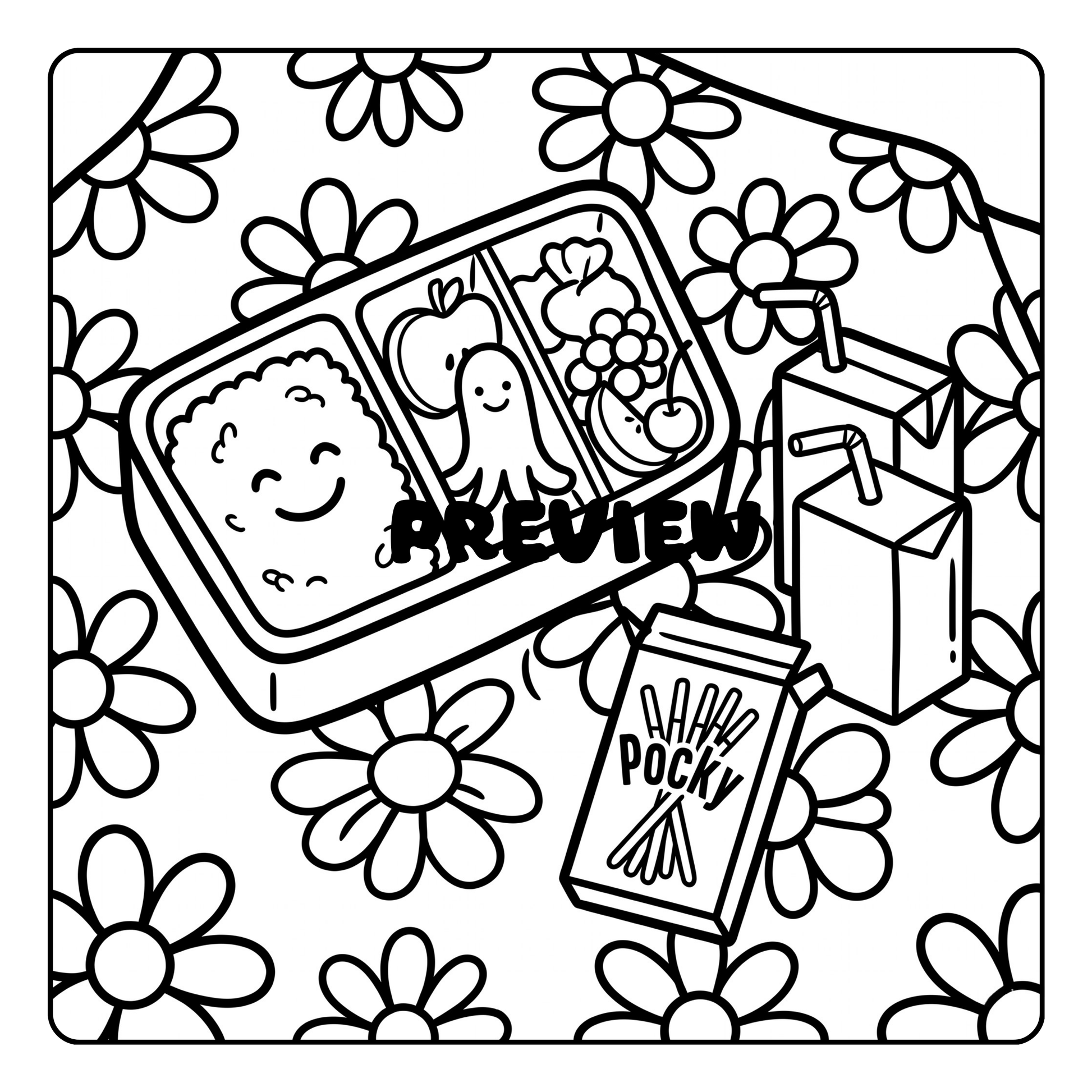 Black and white illustration of Pocky packaging with flowers on a floral background by CMH Publishing