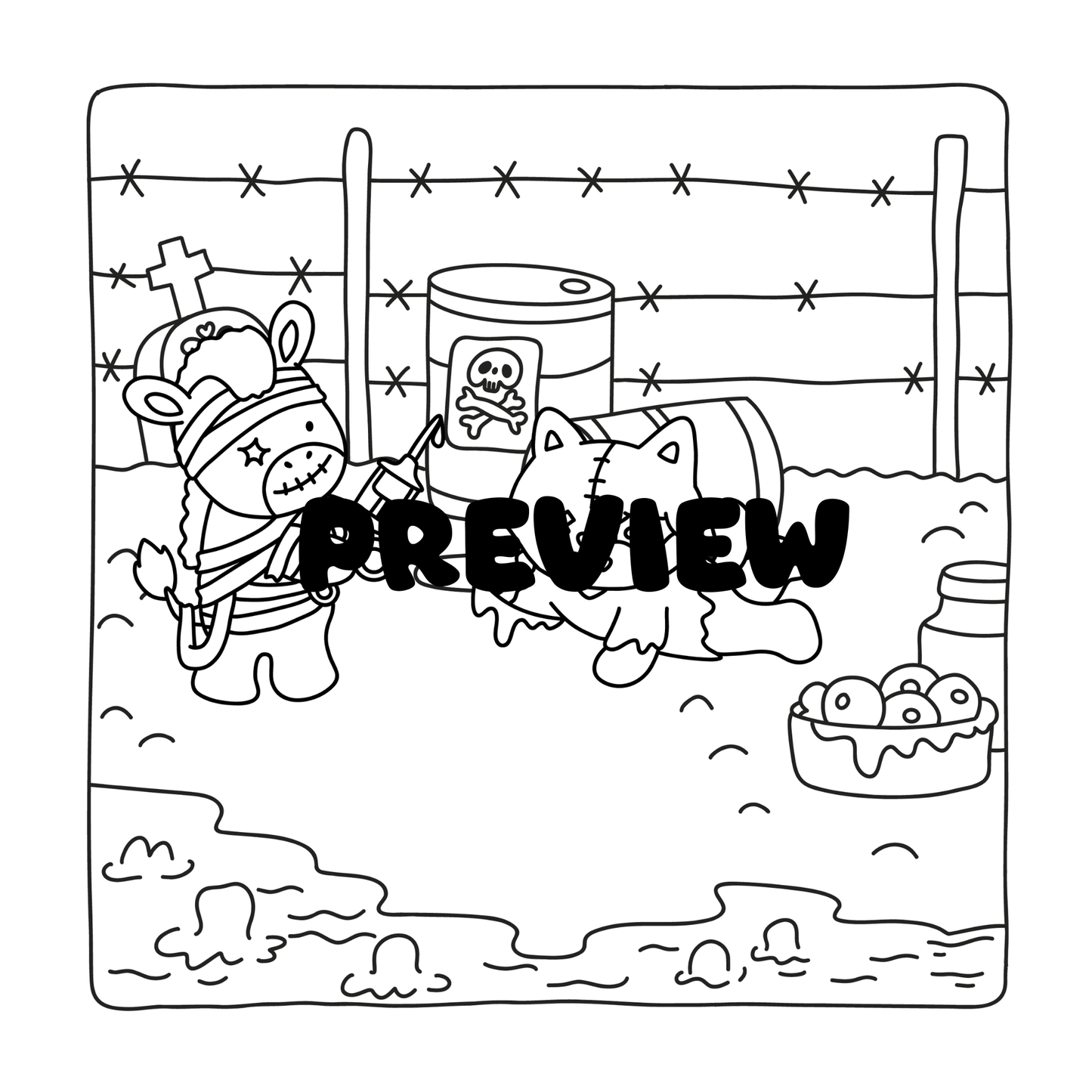 Cozy Zombie Friends PDF Coloring Book | 20 Hand-Drawn Scenes
