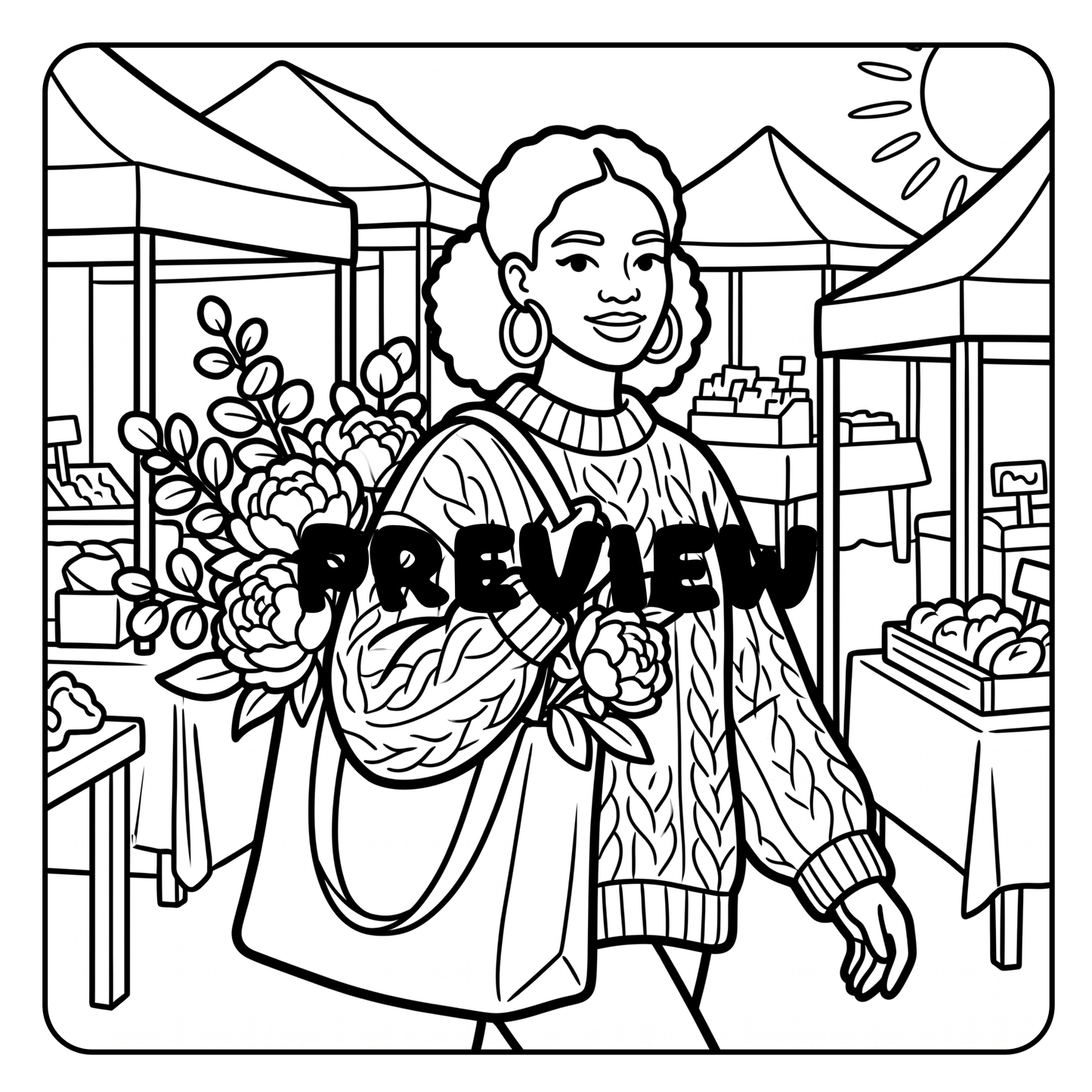 Cozy Coloring Book Market Mornings, Thick Lines, 30 Printable Pages, Digital PDF