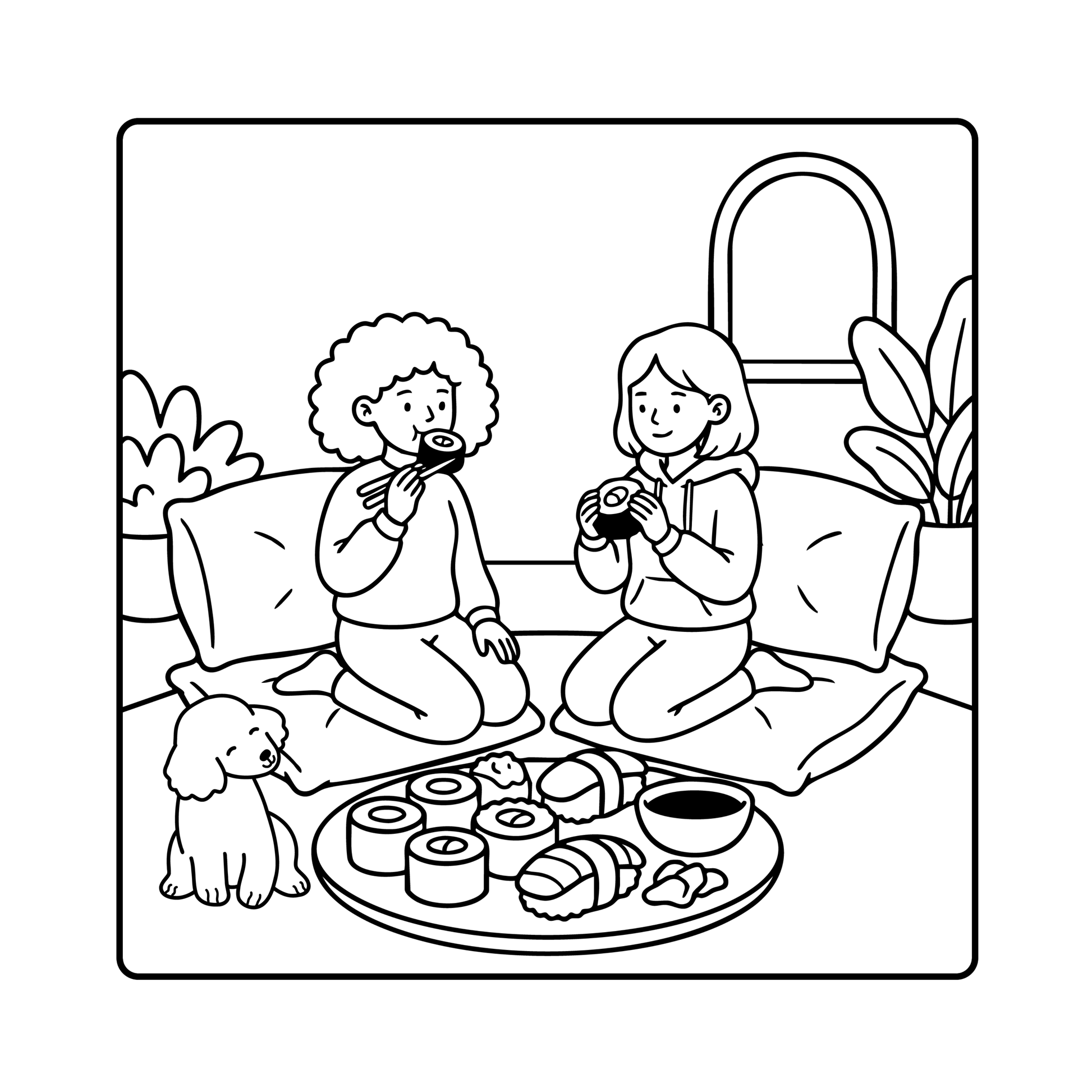 Black and white line art illustration of a cozy indoor scene with two people sitting on cushions and eating sushi, with a small dog at their feet and plants in the background.