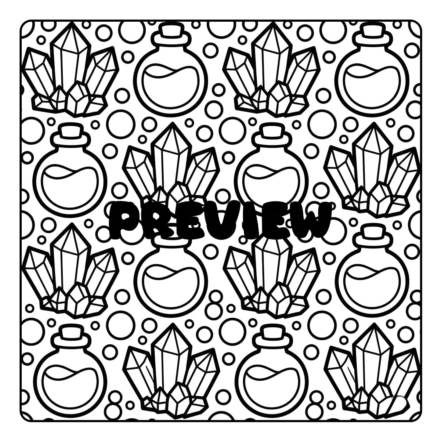 Black and white pattern of crystals and potions with 'PREVIEW' text on a polka dot background.