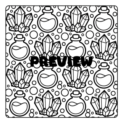 Black and white pattern of crystals and potions with 'PREVIEW' text on a polka dot background.