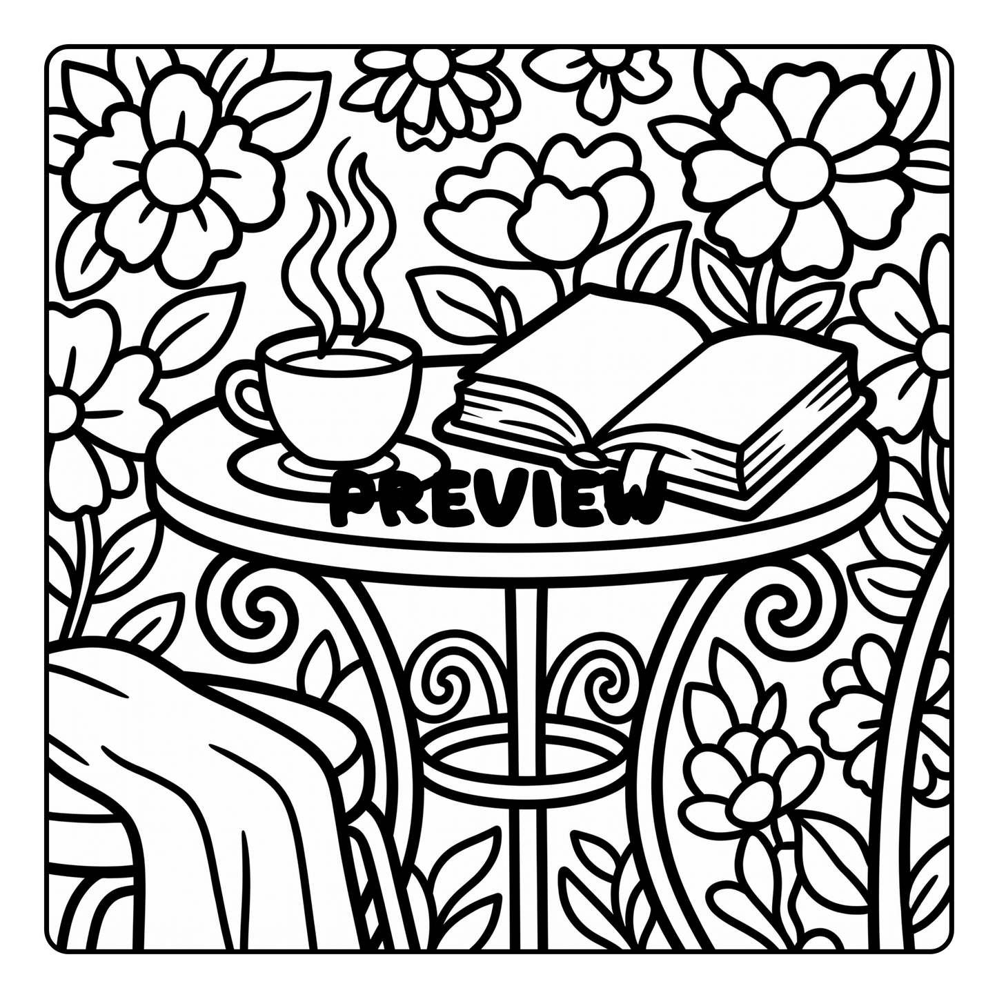 Black and white illustration of a table with a cup, book, and chair surrounded by flowers with 'PREVIEW' text by CMH Publishing.