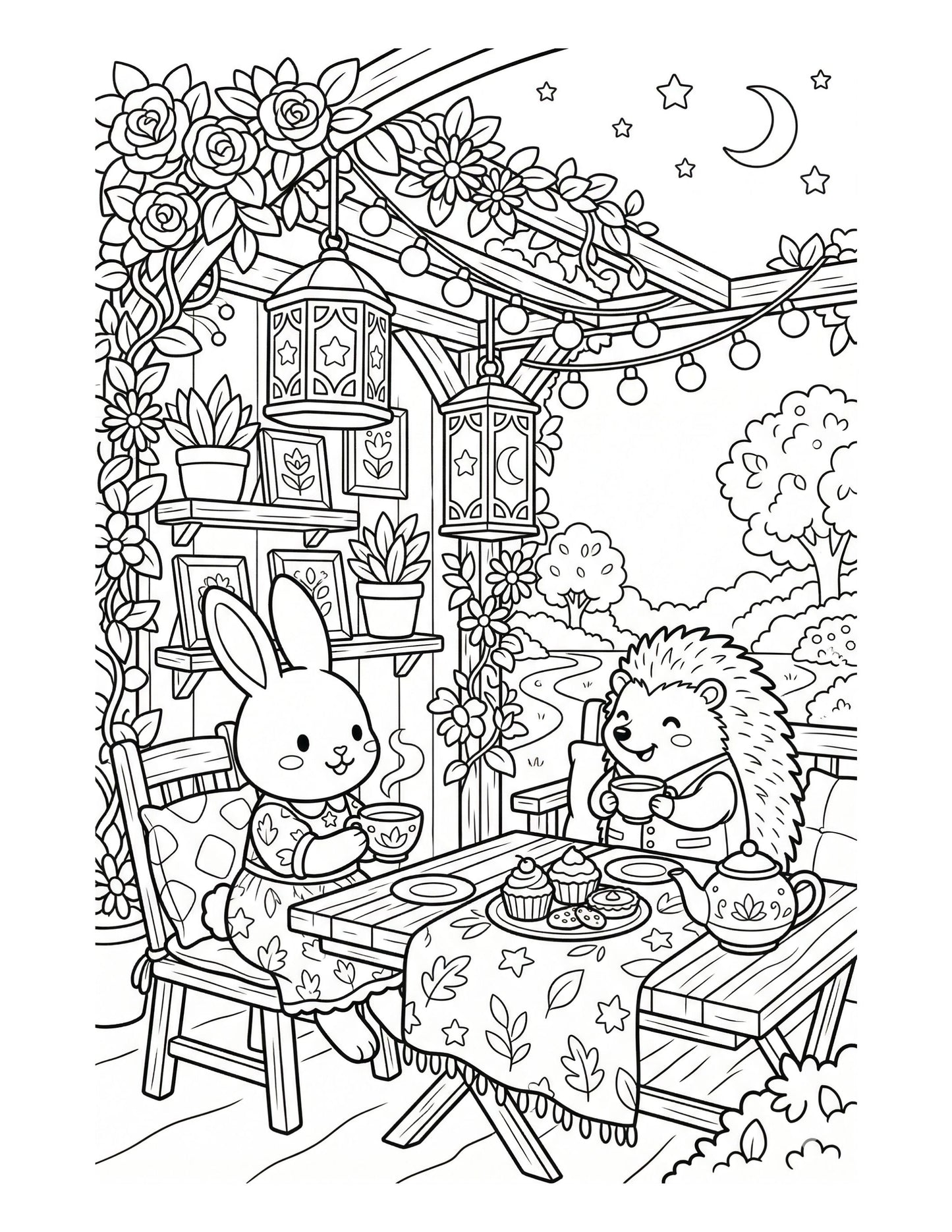 Coloring page of a rabbit and hedgehog having tea together in a garden setting.