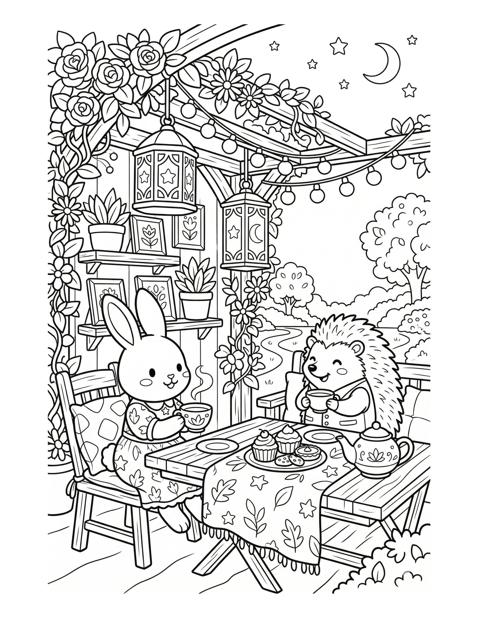 Coloring page of a rabbit and hedgehog having tea together in a garden setting.
