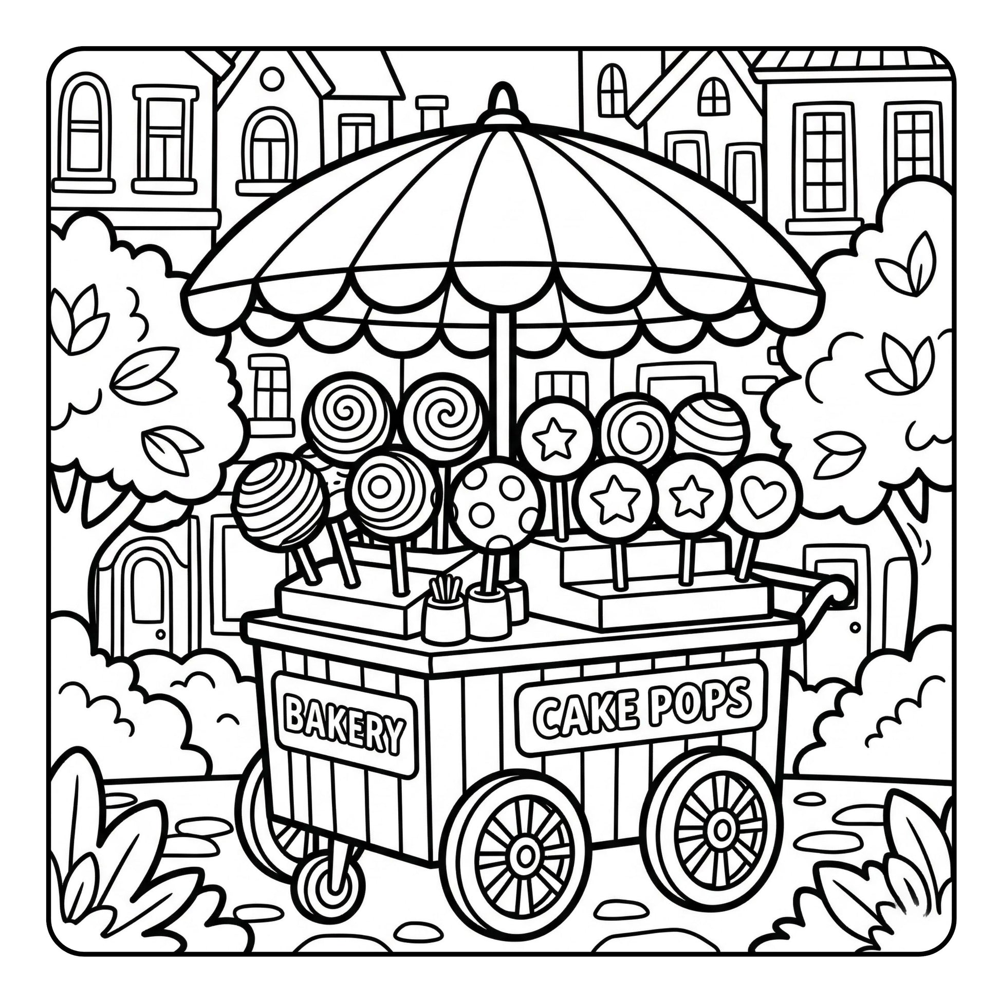 Coloring page of a bakery cart with cake pops in an outdoor setting.