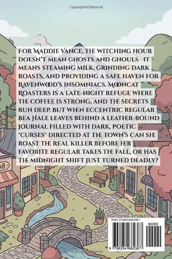 Back cover of 'The Midnight Macchiato Murder: A Mooncat Roasters Mystery' — cozy mystery novel by Emily K. Clark