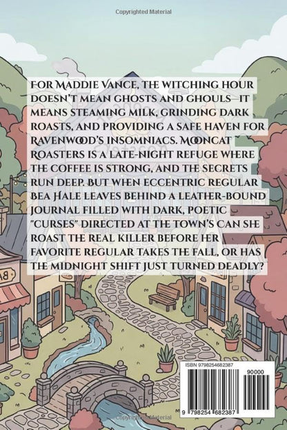 Back cover of 'The Midnight Macchiato Murder: A Mooncat Roasters Mystery' — cozy mystery novel by Emily K. Clark