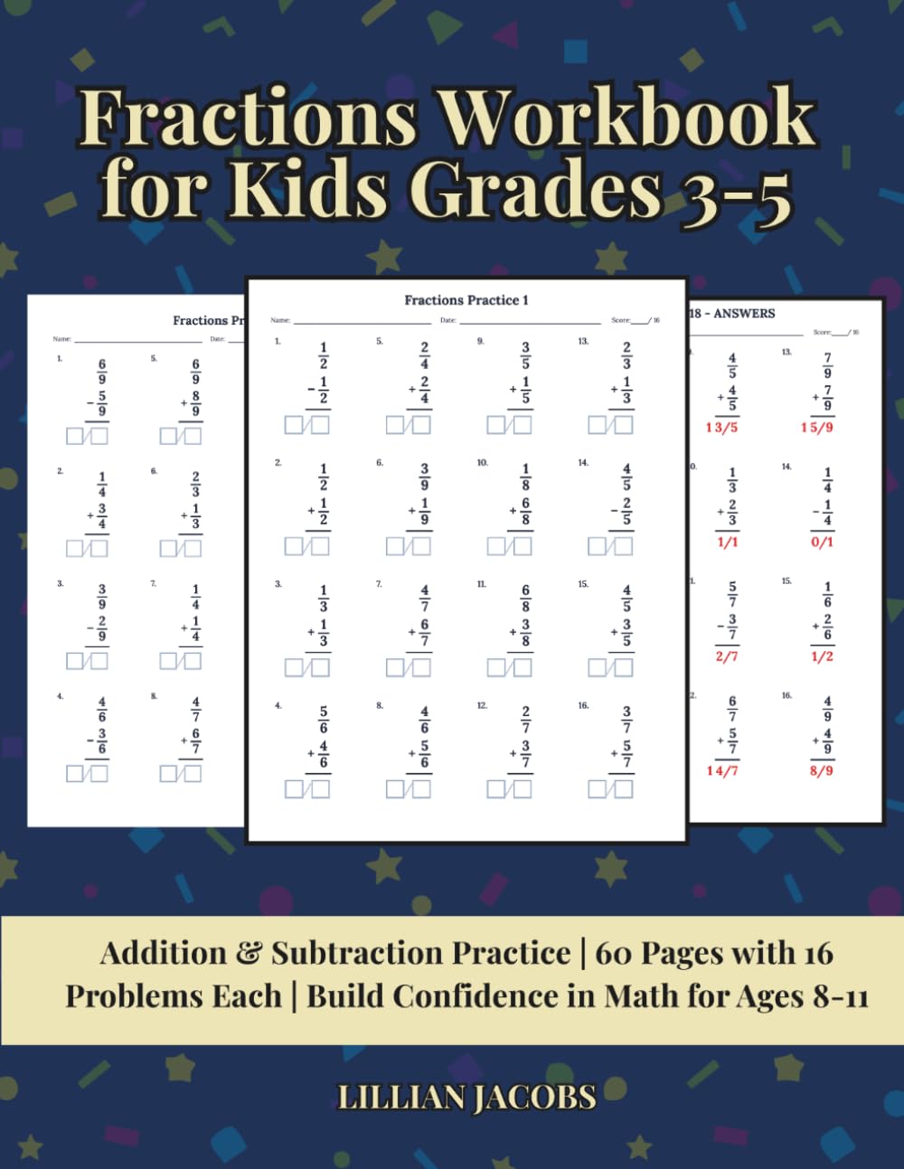 Cover of 'Fractions Workbook for Kids Grades 3-5' — educational math workbook by Lillian Jacobs