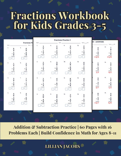 Cover of 'Fractions Workbook for Kids Grades 3-5' — educational math workbook by Lillian Jacobs