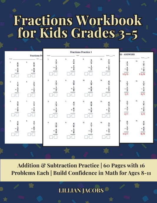 Cover of 'Fractions Workbook for Kids Grades 3-5' — educational math workbook by Lillian Jacobs