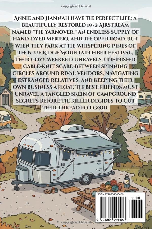 Back cover of 'Knit One, Boom Two: A Mobile RV Yarn Shop Mystery' — cozy mystery novel by Emily K. Clark