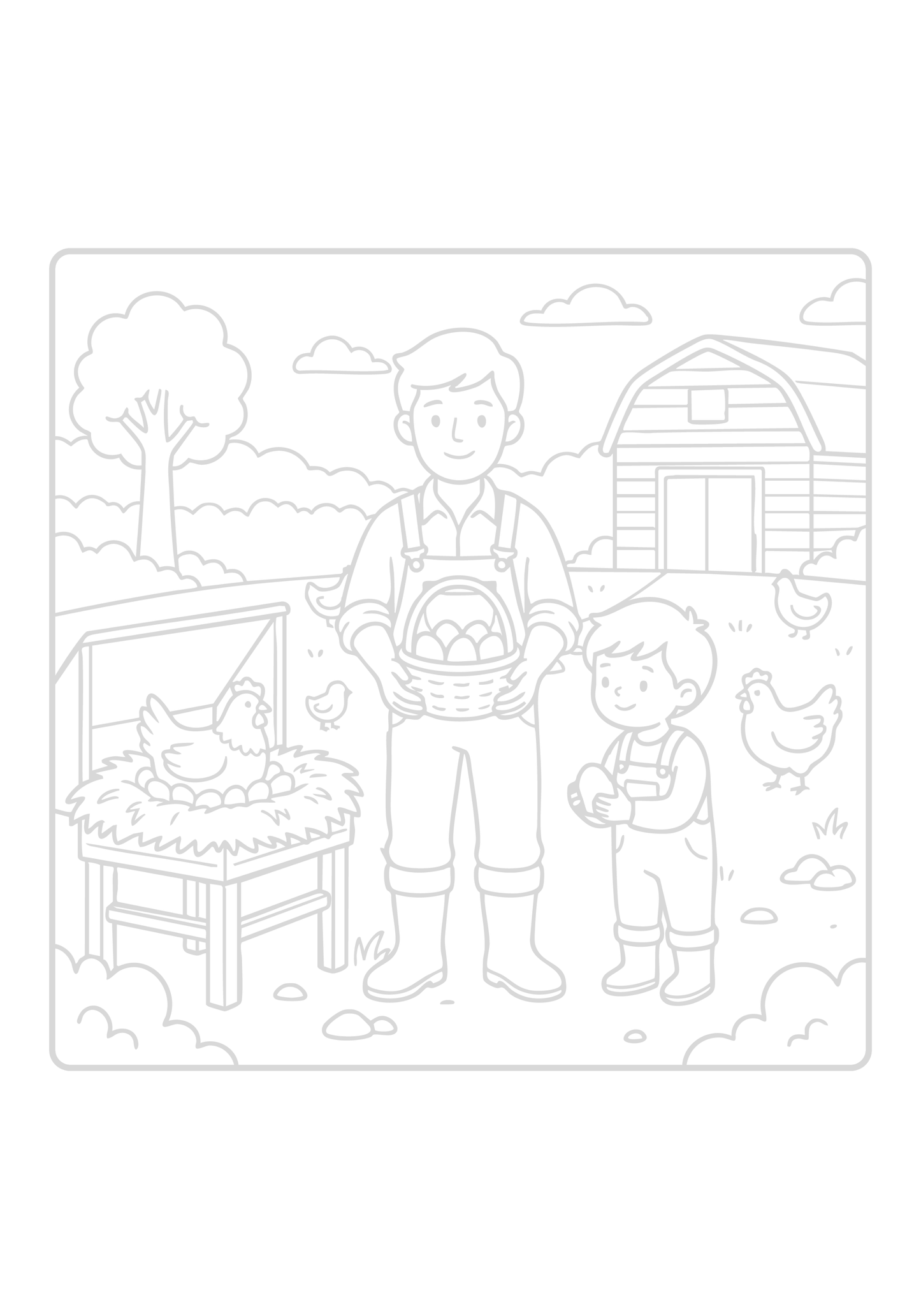 Black and white line drawing of a farmer and child with chickens and a barn in the background.