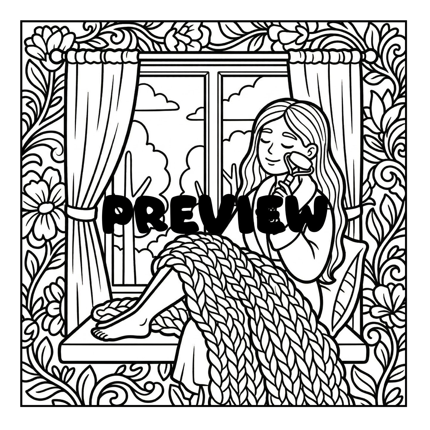 Cozy girl sitting in a bay window for self care coloring page