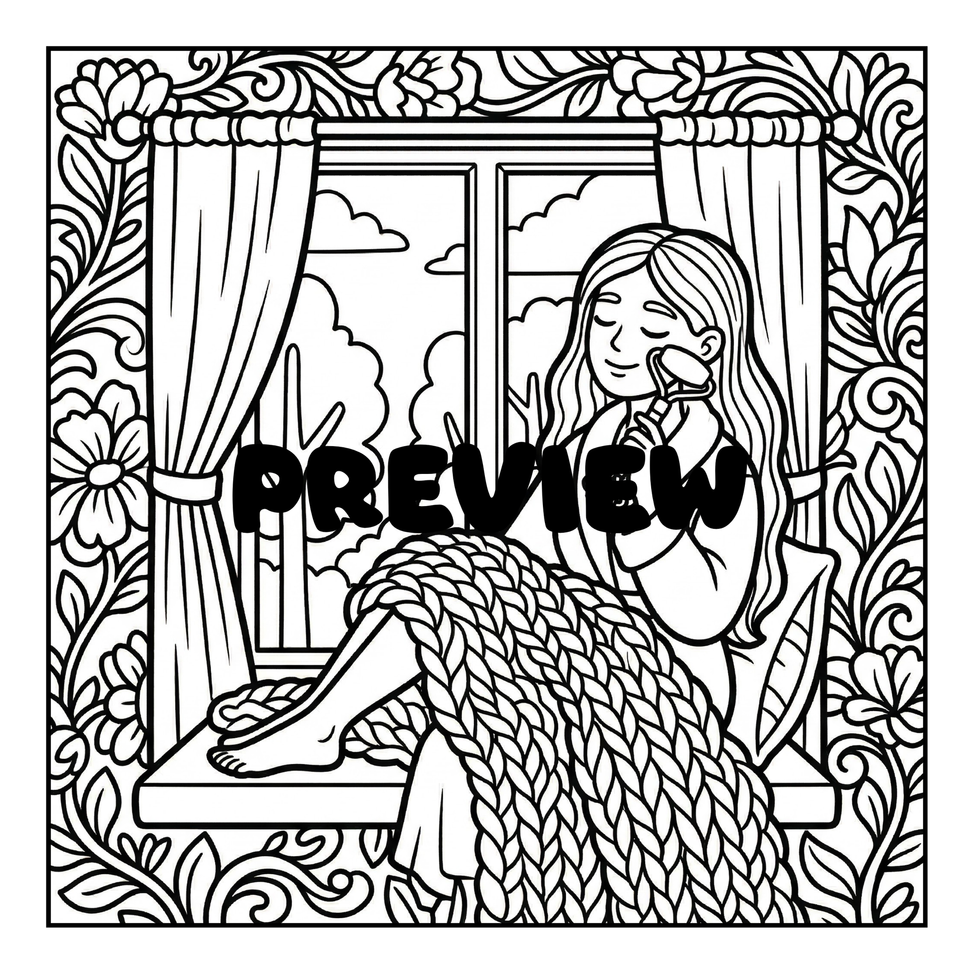 Cozy girl sitting in a bay window for self care coloring page