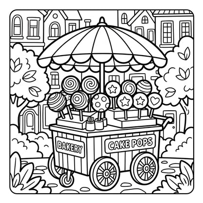 Coloring page of a bakery cart with cake pops in an outdoor setting.