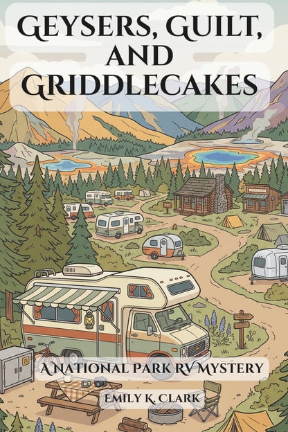 Cover of 'Geysers, Guilt, and Griddlecakes: A National Park RV Mystery' — cozy mystery novel by Emily K. Clark