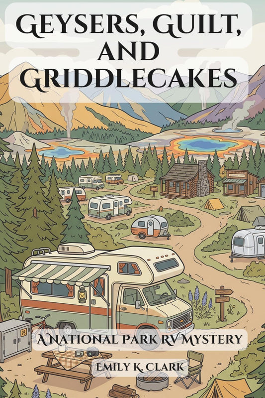 Cover of 'Geysers, Guilt, and Griddlecakes: A National Park RV Mystery' — cozy mystery novel by Emily K. Clark