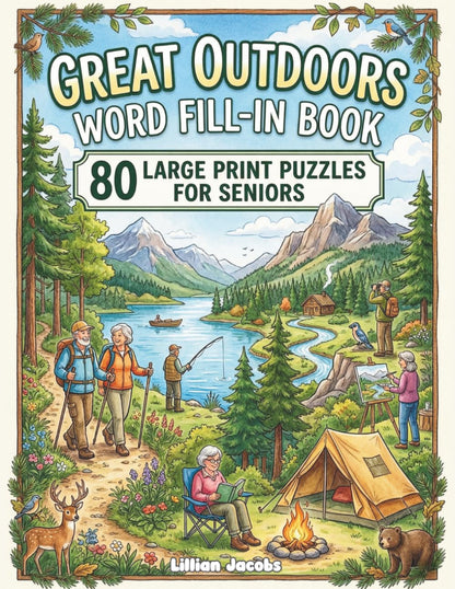 Cover of 'A Great Outdoors Word Fill-In Book: 80 Large Print Puzzles' — puzzle book by Lillian Jacobs