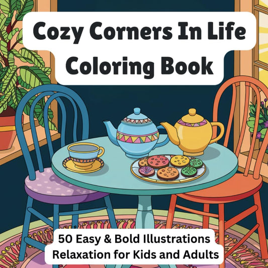 Cozy Corners In Life Coloring Book: 50 Easy and Bold Illustrations, Relaxation for Kids and Adults