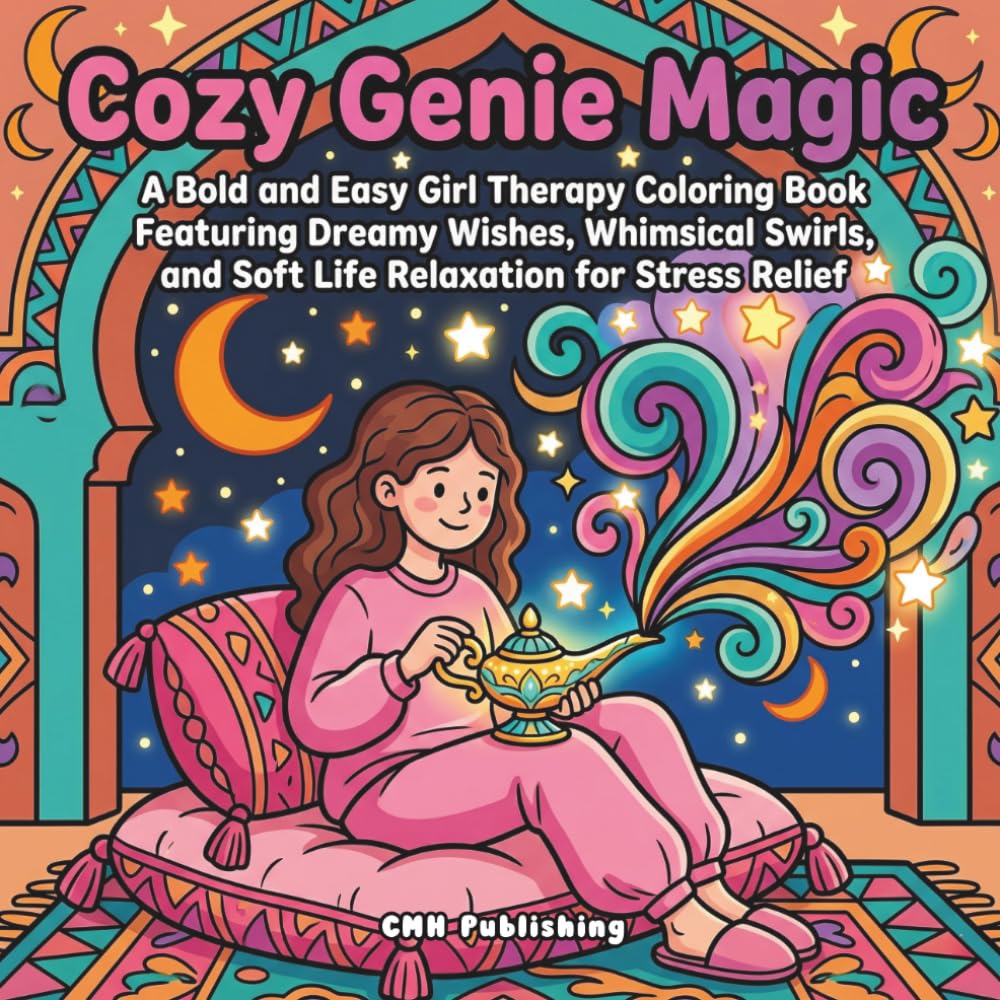 Cover of 'Cozy Genie Magic: 40 Bold and Easy Girl Therapy Coloring Book' — adult coloring book by CMH Publishing