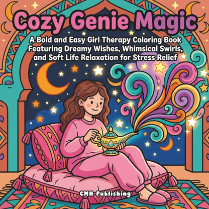 Cover of 'Cozy Genie Magic: 40 Bold and Easy Girl Therapy Coloring Book' — adult coloring book by CMH Publishing