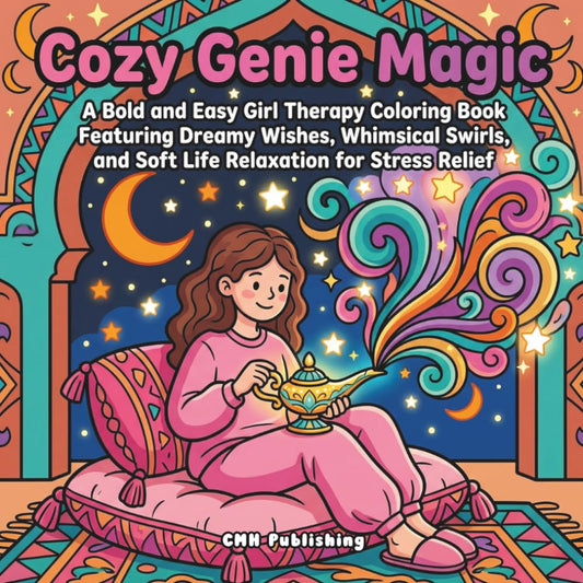Cover of 'Cozy Genie Magic: 40 Bold and Easy Girl Therapy Coloring Book' — adult coloring book by CMH Publishing