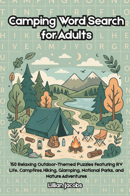 Cover of 'Camping Word Search for Adults' — puzzle book by Lillian Jacobs