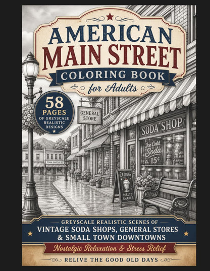 Cover of 'American Main Street Coloring Book for Adults' with vintage town scene illustration by CMH Publishing.