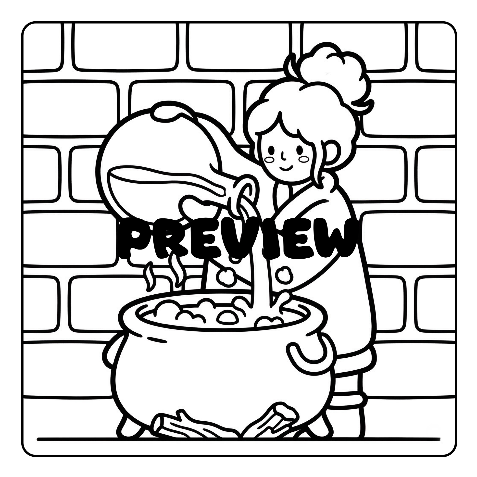 Black and white illustration of a character cooking in a pot with a 'PREVIEW' text overlay.
