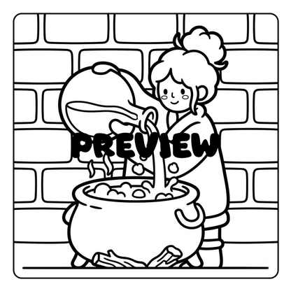 Black and white illustration of a character cooking in a pot with a 'PREVIEW' text overlay.