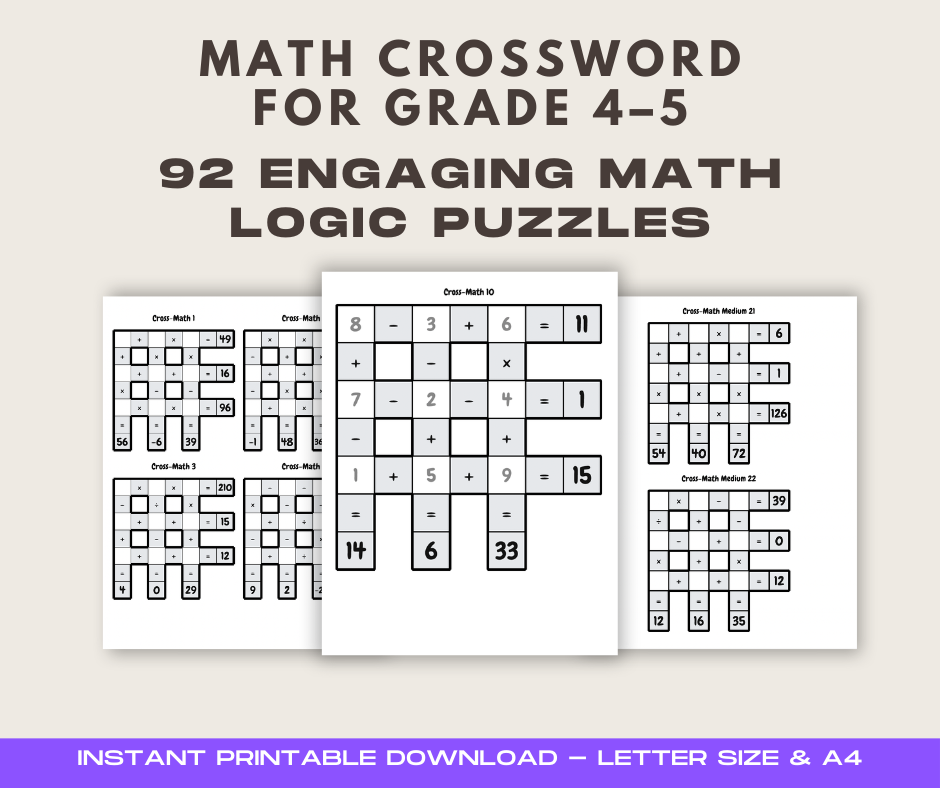 Cross Math Puzzles Printable PDF – 92 Math Logic Worksheets Easy to Hard