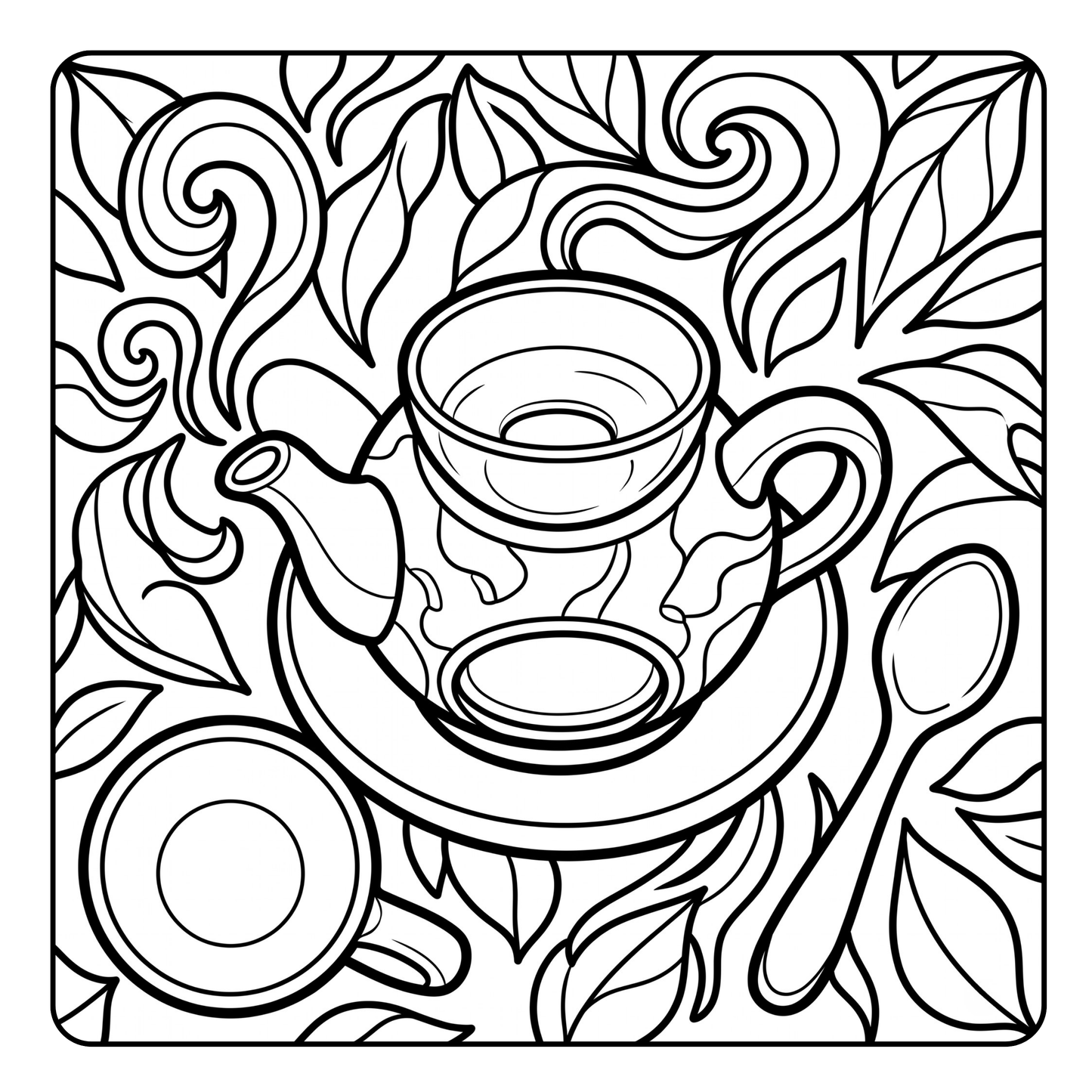 Black and white line drawing of a tea oil burner with floral patterns