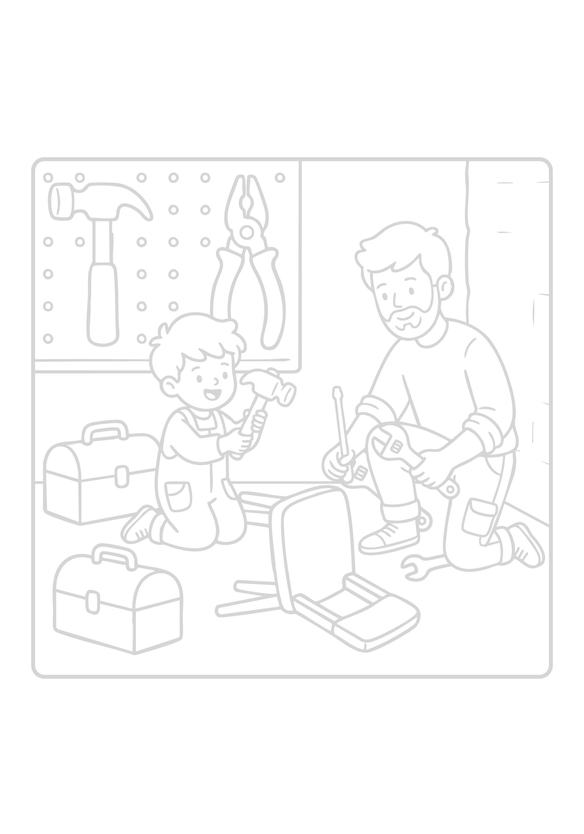 Outline drawing of a father and son working together with tools on a white background