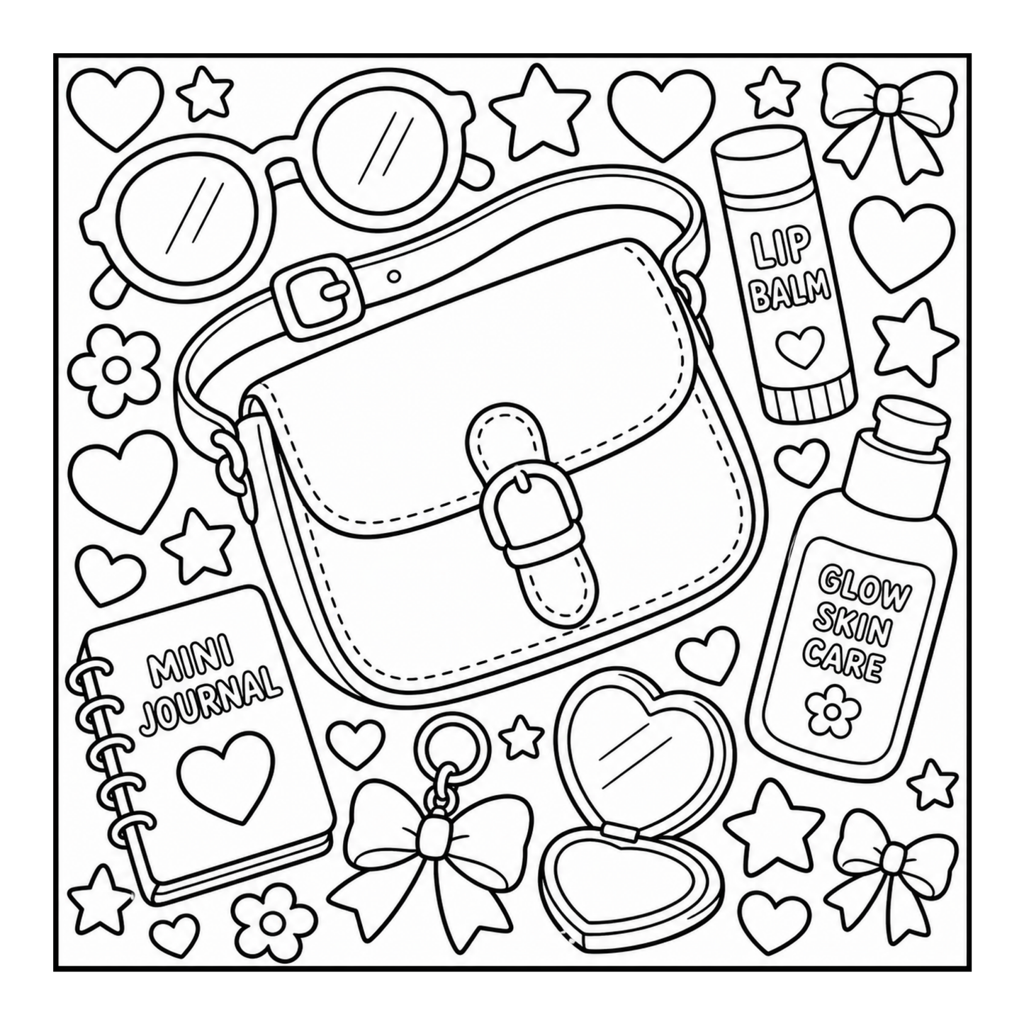 Coloring page with black and white line art of a handbag, lip balm, journal, and other items by CMH Publishing.