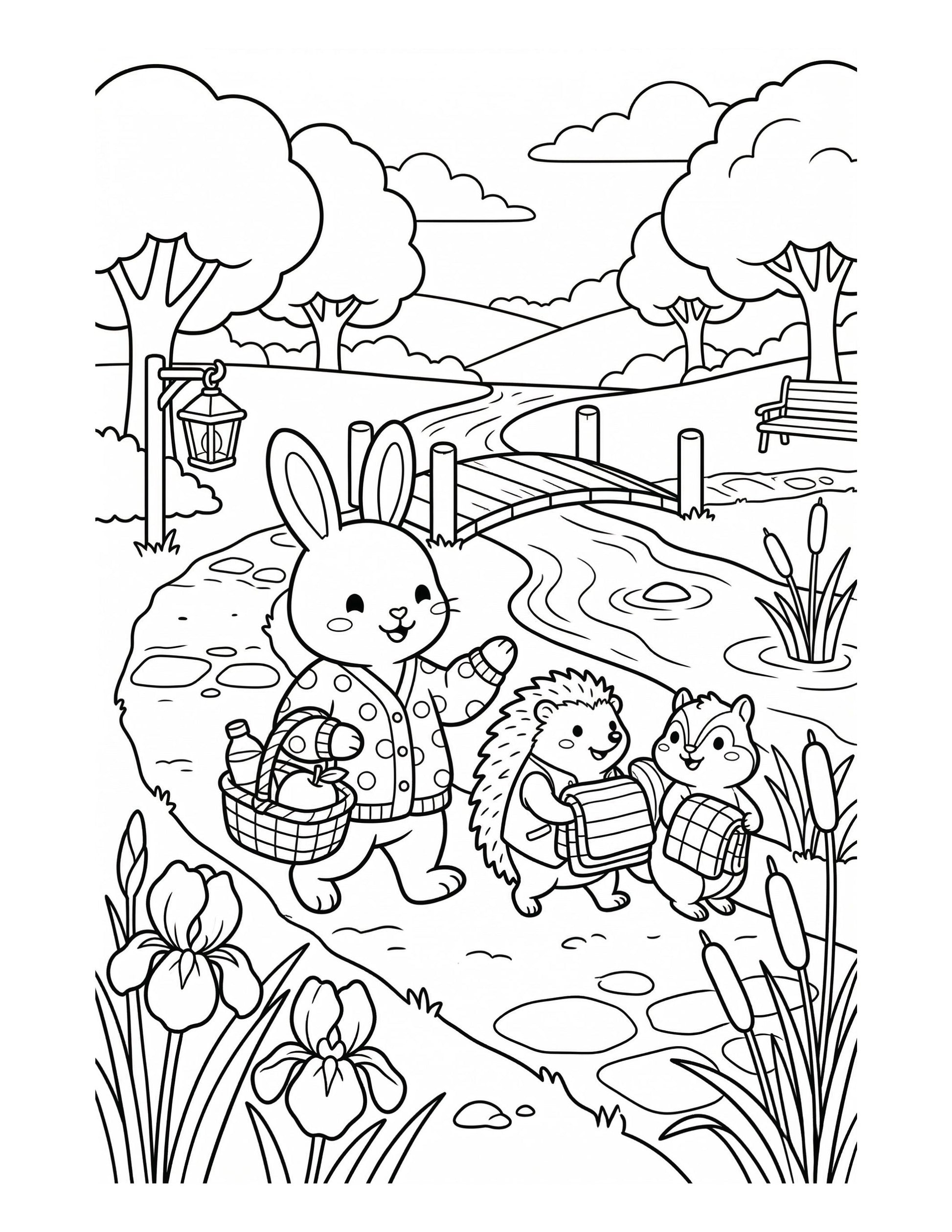 Coloring page with a rabbit, hedgehog, and squirrel by a pond.