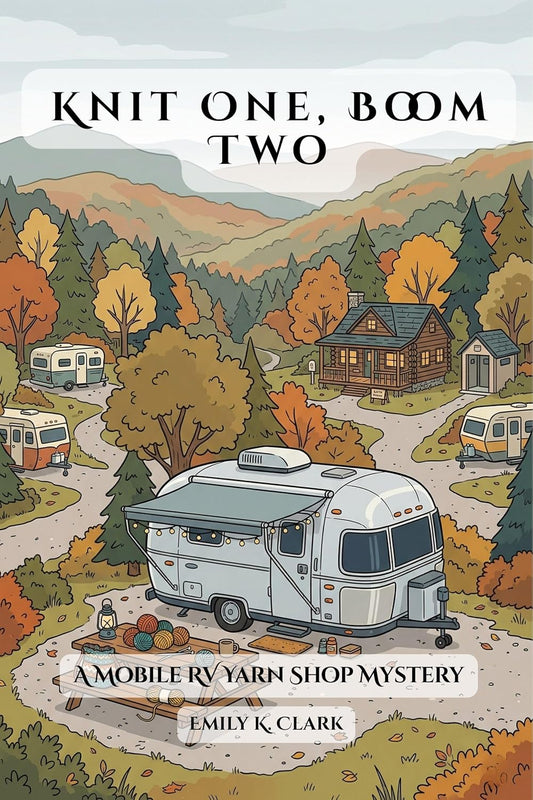 Cover of 'Knit One, Boom Two: A Mobile RV Yarn Shop Mystery' — cozy mystery novel by Emily K. Clark