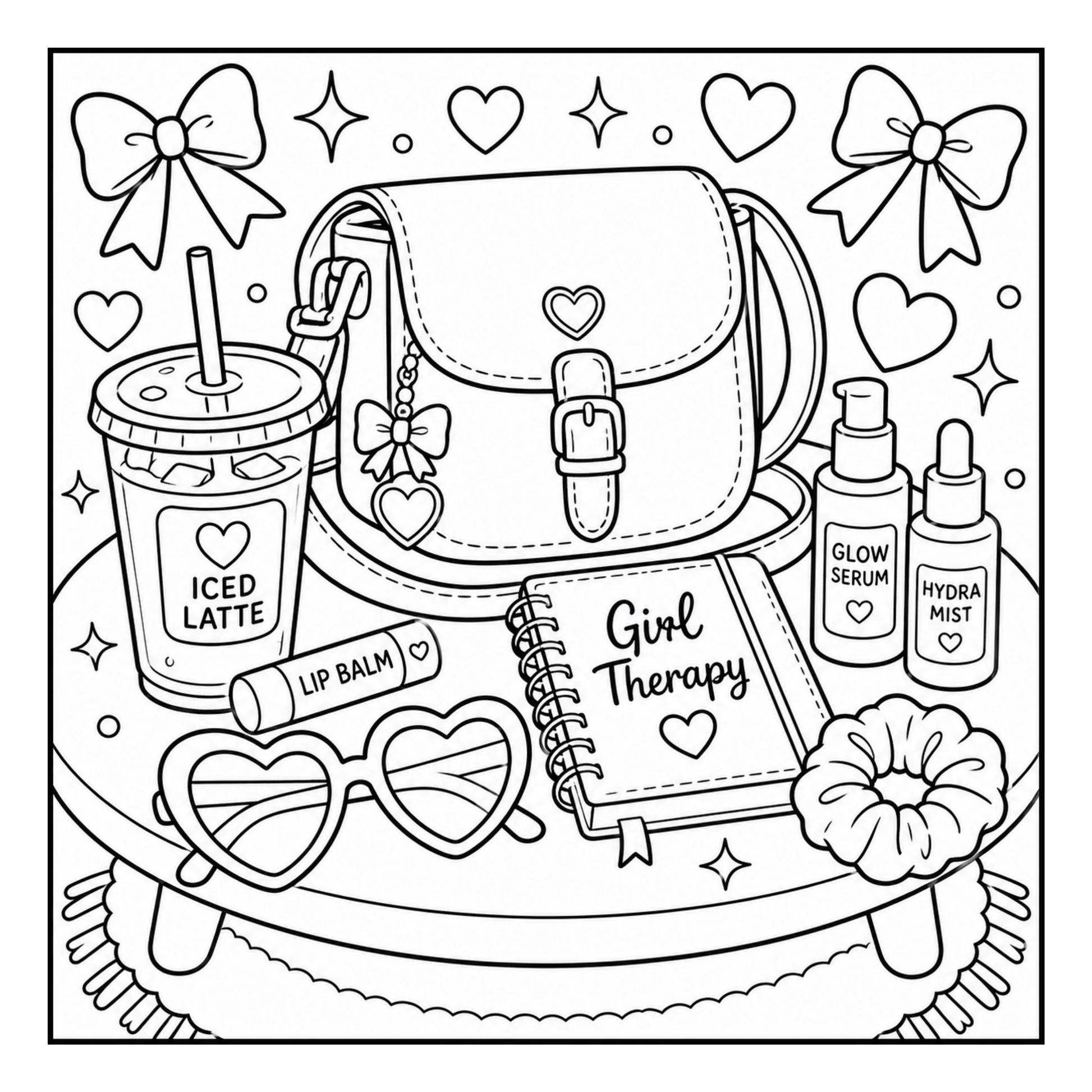 Coloring page with a backpack, iced latte, lip balm, sunglasses, notebook, and beauty products on a circular path.