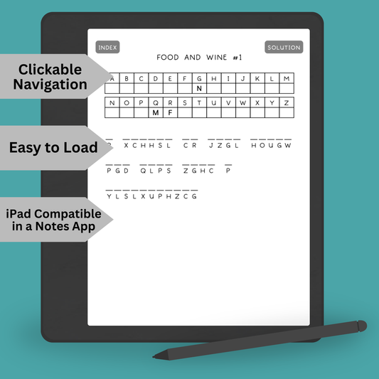 Cryptogram Puzzle Book for Kindle Scribe | 80 Food & Wine Phrase Puzzles | Hyperlinked PDF with Solutions