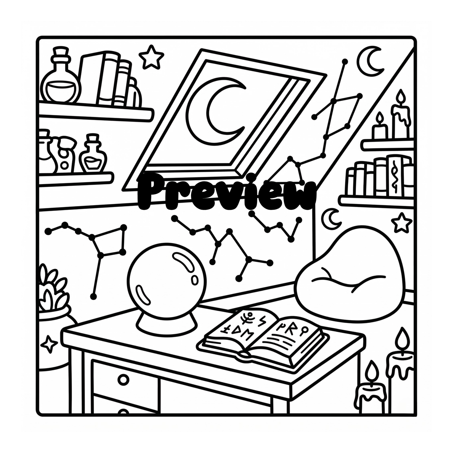 Moonlit Magic & Cozy Spells: 40 Bold & Easy Coloring Book, Digital PDF
