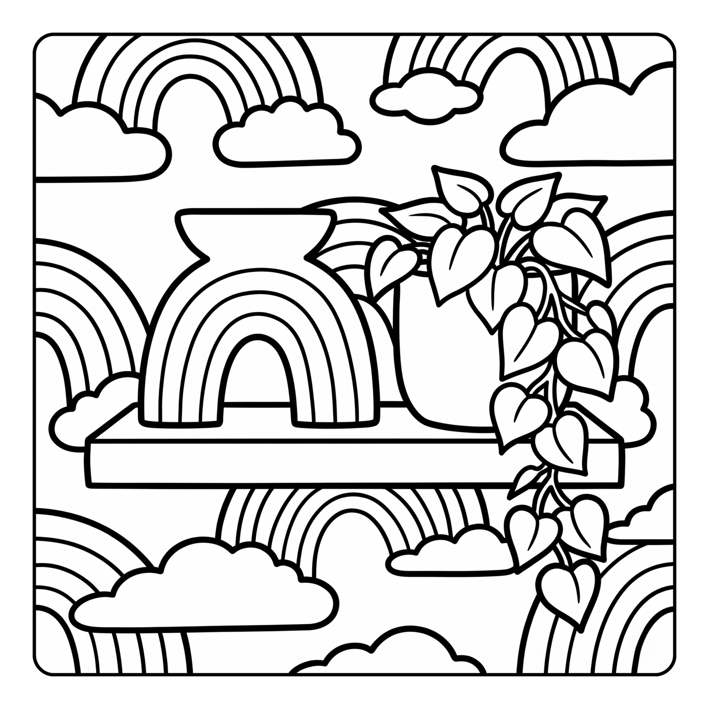 Coloring page with rainbows, clouds, and leaves.