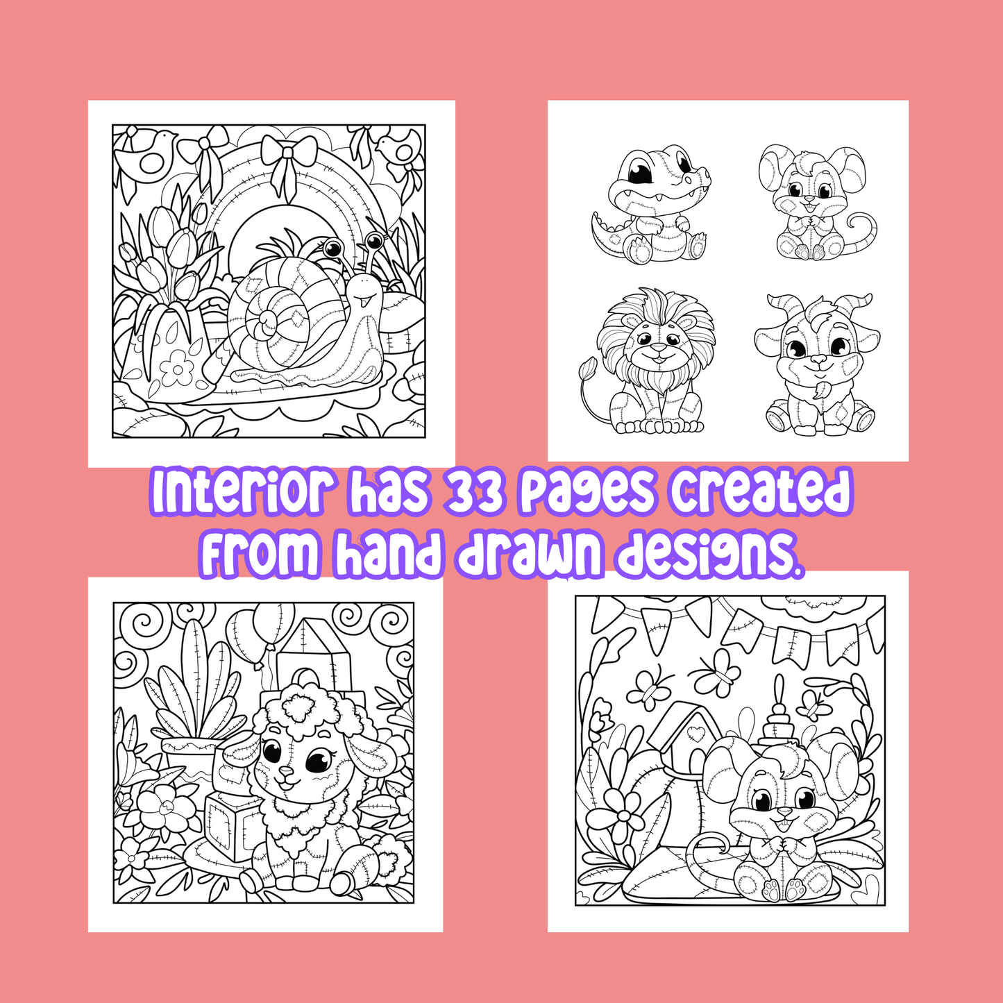 Comfy Playtime Friends Coloring Book | 33 Bold and Easy Coloring Pages Patchwork Toy Animals | Instant PDF Digital Download