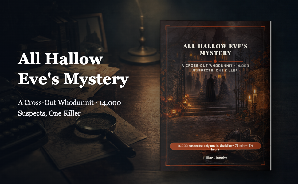 Find Killer book 'All Hallow Eve's Mystery' by Lillian Jacobs. The book cover is shown on the right, featuring a dark gothic illustration of a figure standing on steps in a graveyard at night with candles.