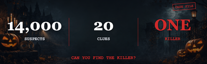 Halloween-themed promotional graphic with dark gothic castle imagery, jack-o'-lanterns, and large text reading '14,000 SUSPECTS', '20 CLUES', 'ONE KILLER', and 'CAN YOU FIND THE KILLER?'.