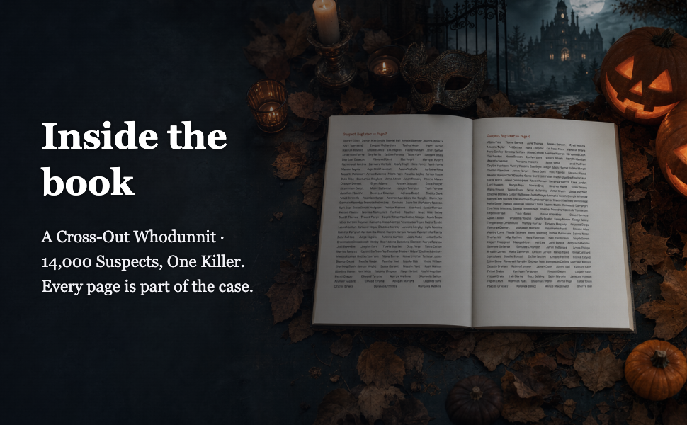 An open book laid on a dark Halloween-themed surface with leaves, candles, pumpkins, and a haunted-house background. Large white text on the left reads 'Inside the book' with smaller descriptive copy below.