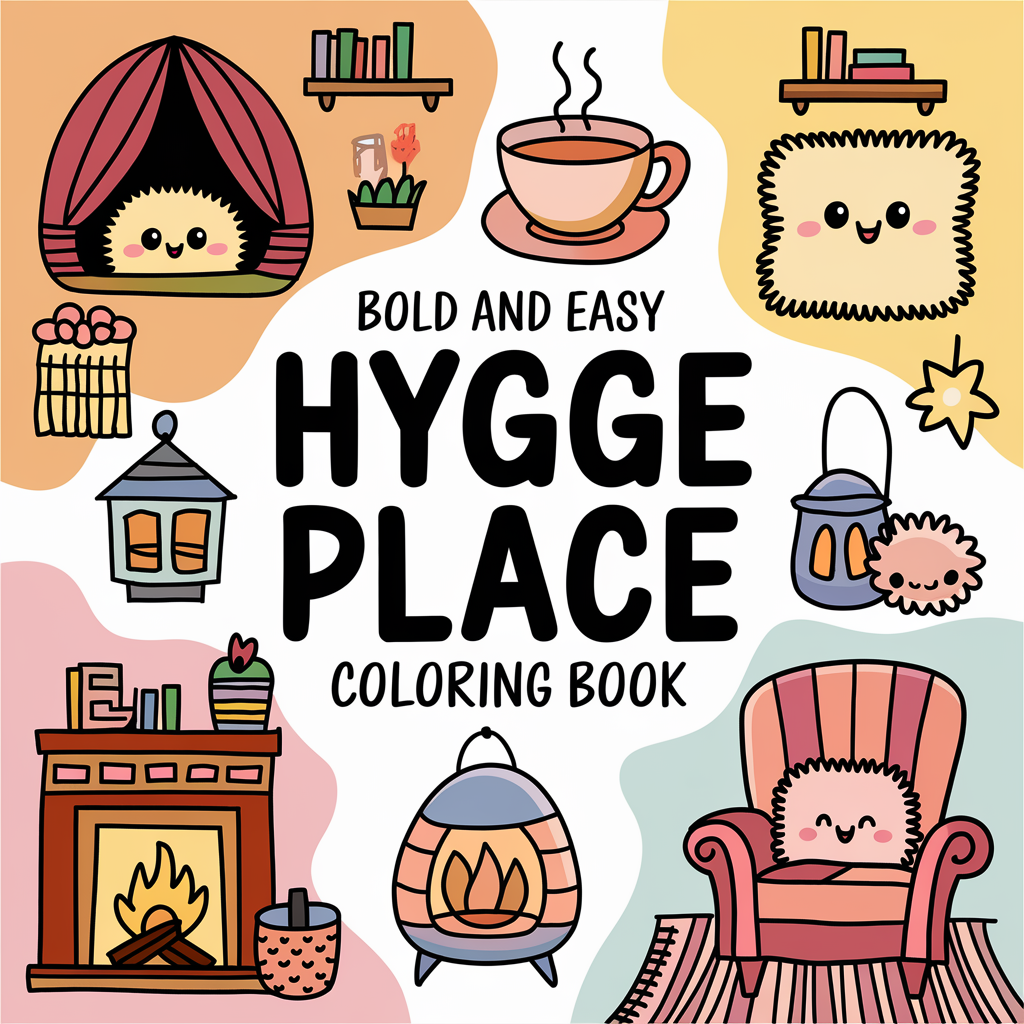 Cute Easy Hygge Coloring Pages, 5 pages Digital