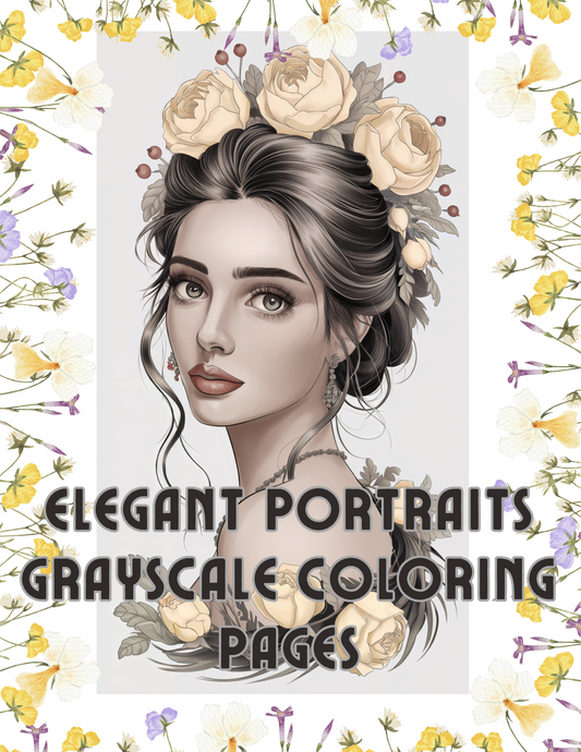 Elegant Portraits Grayscale Coloring Pages | 14 Coloring Pages for Adults and Kids | Instant Download Coloring Book PDF