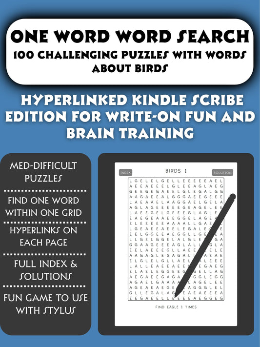 Cover of 'One Word Word Search Kindle Scribe: 100 Challenging Puzzles About Birds' — by Lillian Jacobs